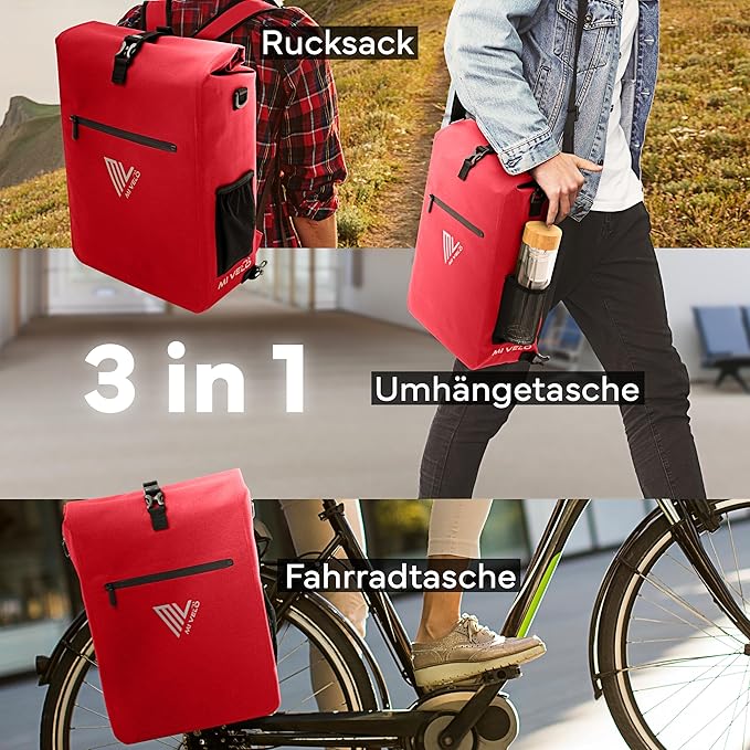 MIVELO Fietstas – 3-in-1 Rugzak & Schoudertas – Waterdicht & Incl. Laptopvak – 25 liter – Rood