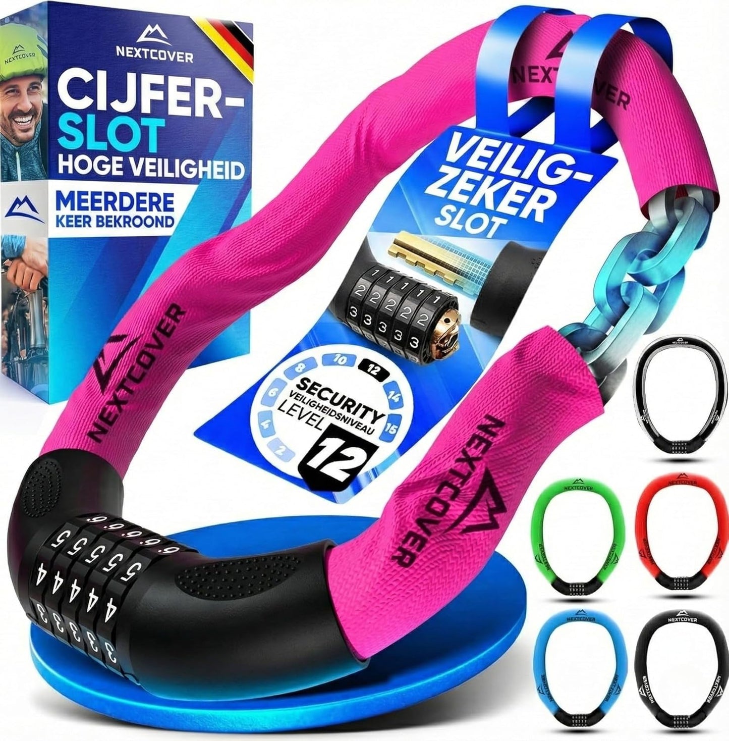 NEXTCOVER® Fietsslot LockOne met combinatiecode I - [SAFESECURE] cijferslot zeer veilig fietsslot cijferslot I robuust & duurzaam kettingslot fiets I Fietsslot