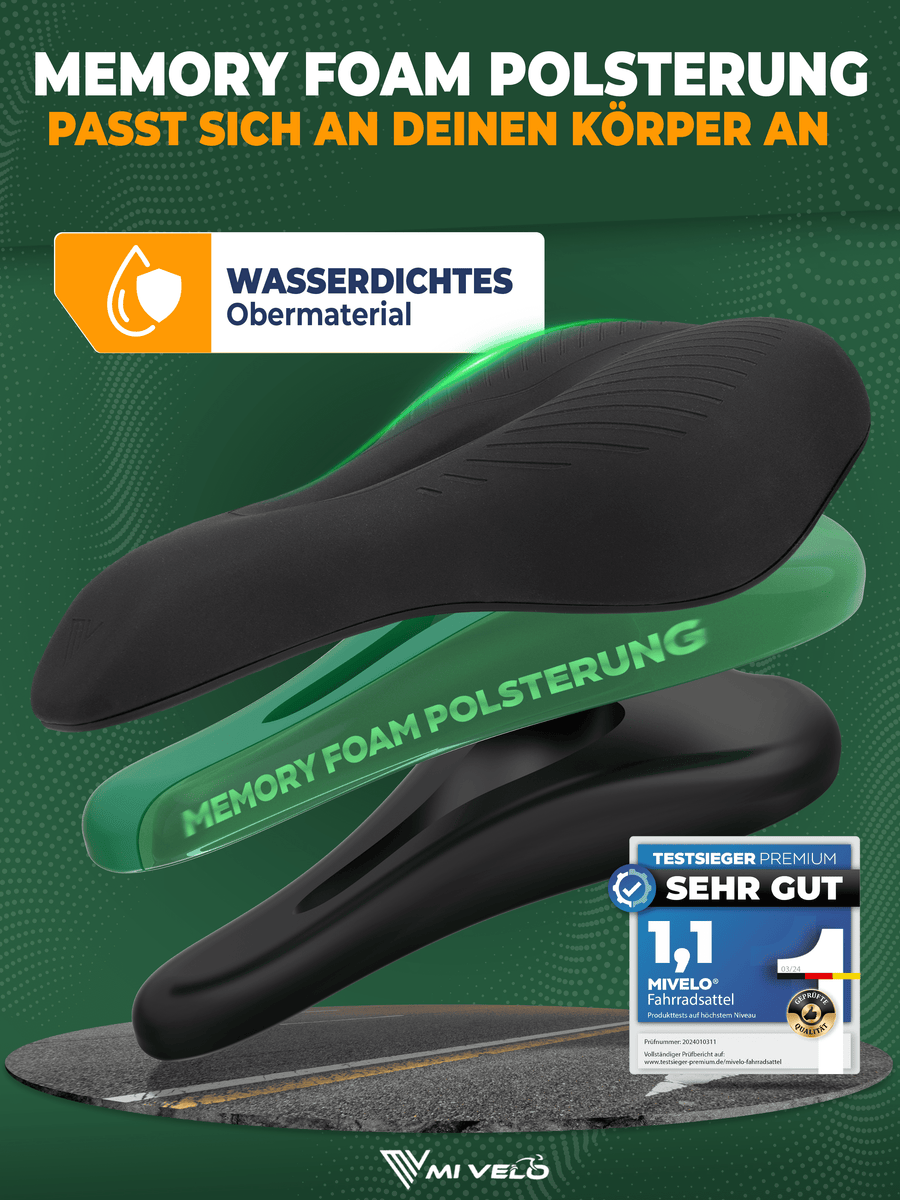 MIVELO - Fietszadel Trekking - 26,5 x 18,5 cm - Zwart & Kunstleer - Waterdicht - Traagschuim & Ergonomisch - Voor E-bike & Toerfiets