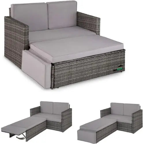 tectake® - Wicker loungesofa tuinstoel ligbed - bankstel - 2-zits fauteuil met kruk en slaapfunctie, kleine wicker bank als buitentuinmeubel, voor lounge, balkon en tuin, opvouwbaar met kussens- zwart / grijs