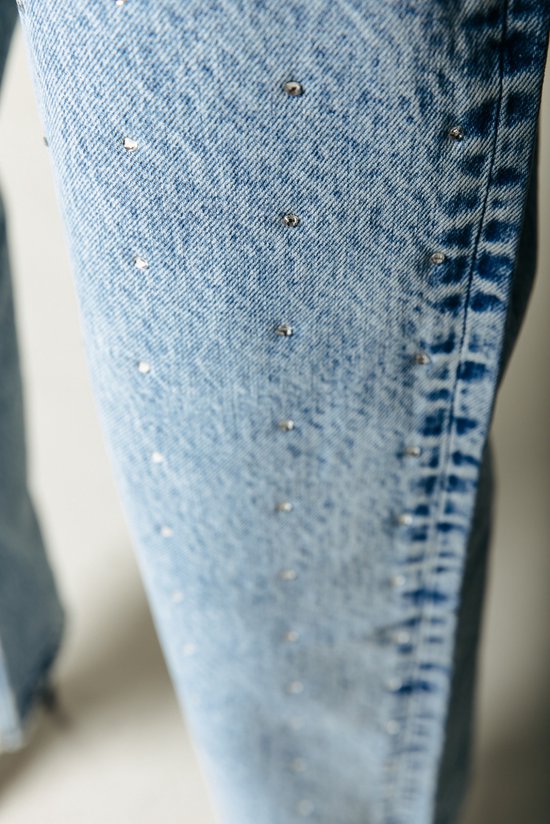 Colourful Rebel Jones - Strass Mid Rise Straight Leg Denim Broek - Blauw - Maat S - Stijlvolle Straight Fit Met Strass Steentjes
