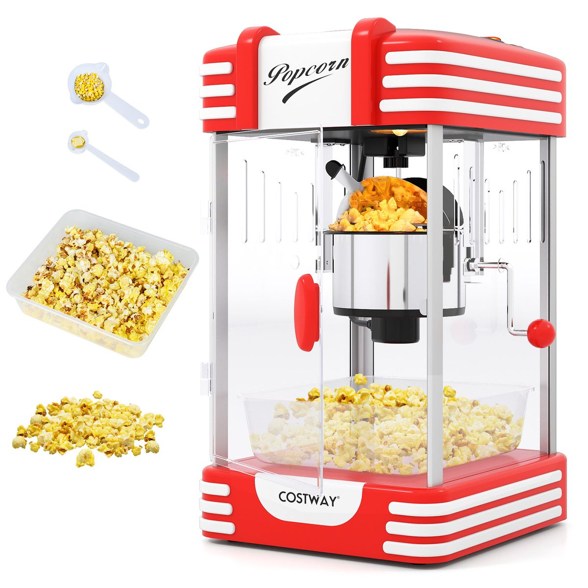 Coast Popcornmachine - retro bioscoopstijl - warmhoudlamp - handmatige bediening - rood/wit