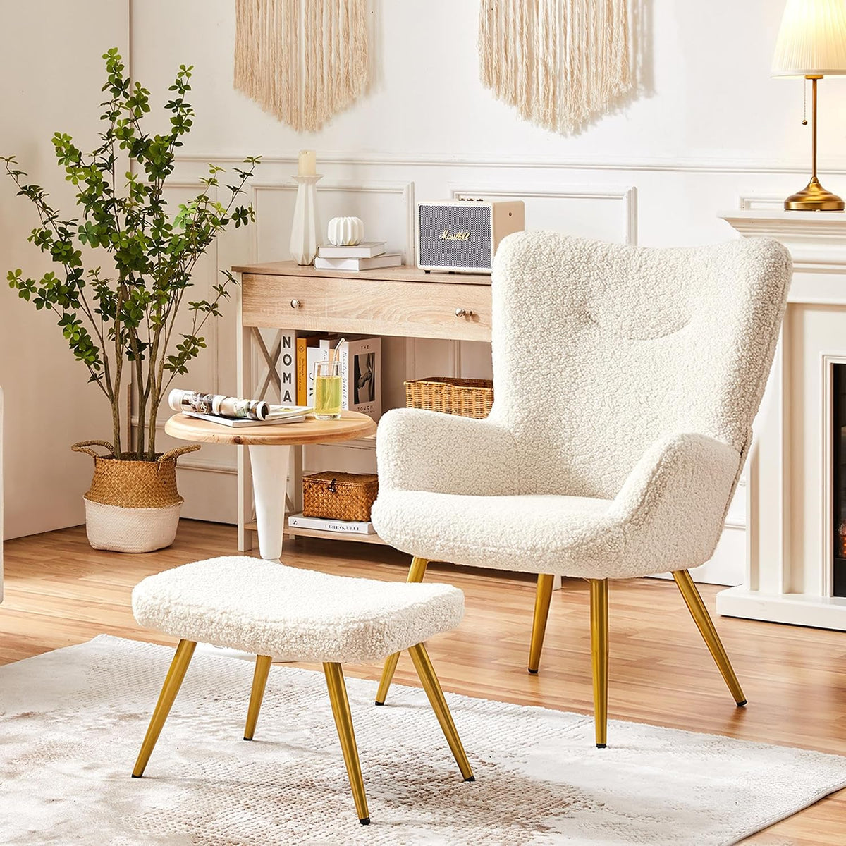 Yaheetech Oorfauteuil met Voetenbank – Teddy Stof – Ivoorwit – 67,5 x 70 x 97,5 cm