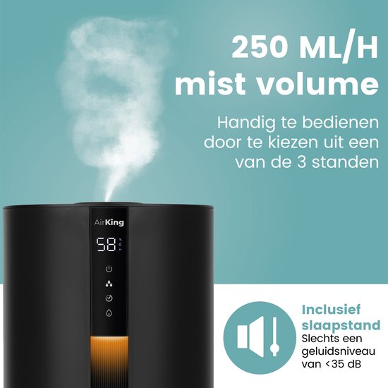 AirKing Luchtbevochtiger - Zwart - Topfill - 3.5 Liter - Hygrometer - Aroma