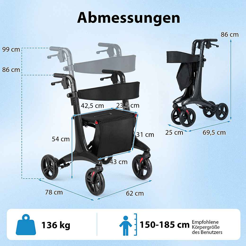 Coast Opvouwbare Rollator zwart – Ultralichte Carbon Loophulp met Zitje – 78 x 62 x 86-99 cm