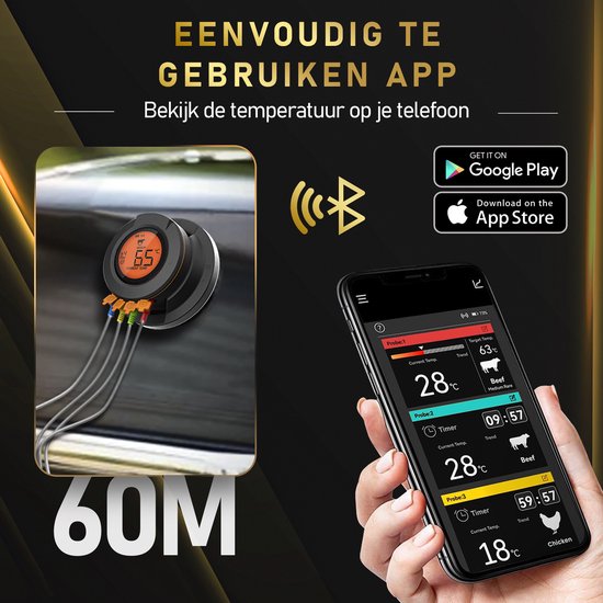 MostEssential AT-02 Vleesthermometer - Incl. Bluetooth, App & 2 Meetsondes - Zwart