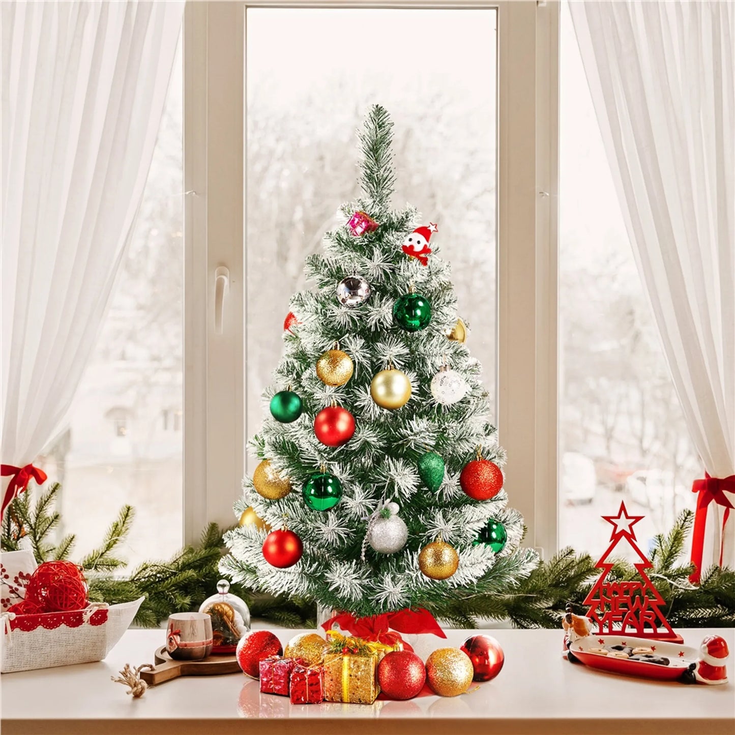 Yaheetech Tafelkerstboom - Sneeuw – 48 x 48 x 90 cm – 96 Takken - Betonnen Voet  – Groen