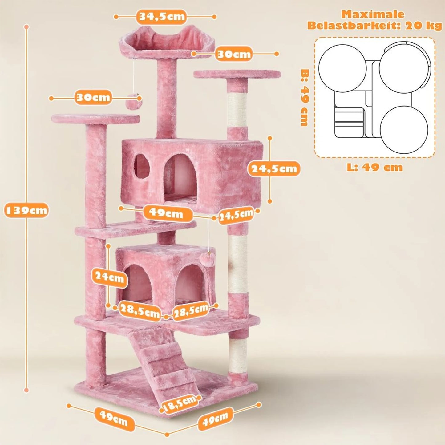 Yaheetech Krabpaal Met 3 Uitkijkplatforms – Voorzien Van 2 Kattenmanden En Sisalpalen En Speelbal Met Belletje – Voor Huishoudens Met Meerdere Katten – Roze Pluche En E1 Spaanplaat – 49 x 49 x 139 cm