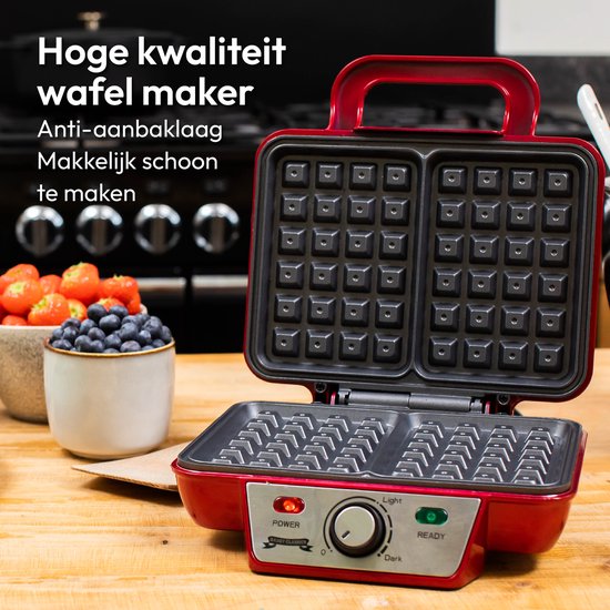 Gadgy Retro Wafelijzer - Anti-Aanbaklaag - 1000 Watt - Regelbare Thermostaat - Rood - 25.6x23.7x9.6 cm