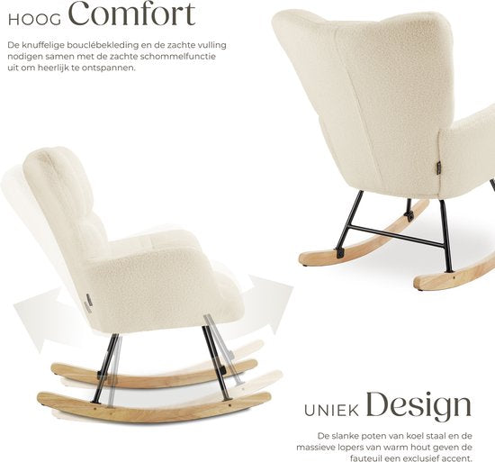 tectake® Schommelstoel Torve - Gestoffeerde Bouclé-Stof Schommelstoel in Scandi-Stijl - Relaxstoel met Houten Glijders, Zachte Bekleding en Hoge Rugleuning voor Optimaal Comfort - 70 x 96 x 97 cm - Beige