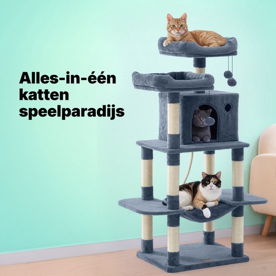 Jake en Jacky Krabpaal voor Katten - Kattenkrabpaal - Krabmeubel - Kattenboom - Krabpalen - Kattenhuis - Donkergrijs - 147 cm Hoog