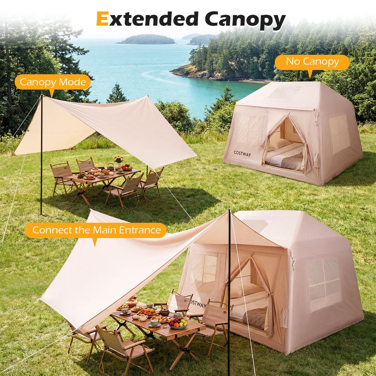 Coast Opblaasbare Campingtent - geschikt voor 4-6 personen - snel op te zetten - khaki 253 x 213 x 183 cm