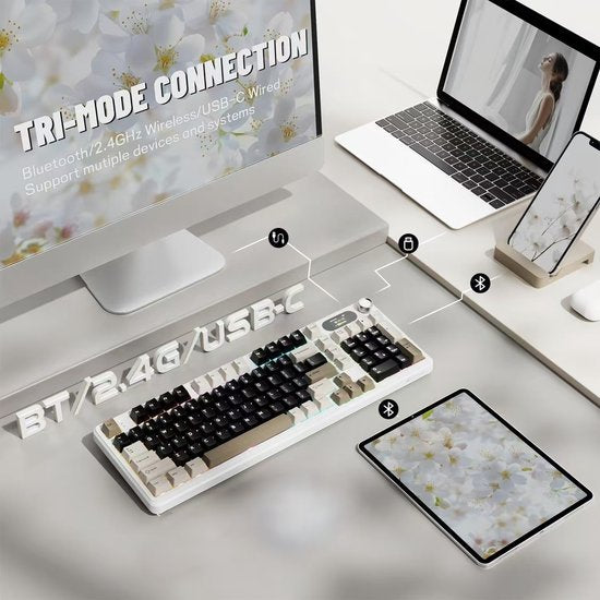 ATTACK SHARK X98 - Draadloze Mechanisch Gaming Toetsenbord - TFT Scherm - Multifunctionele Draaiknop - PBT Keycaps - Wired/2.4G/Bluetooth Tri-Mode - Gasket Mod - 98keys - Cheese White