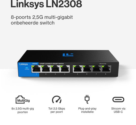 Linksys LN2308 - Netwerk Switch - Unmanaged - 2500 Mbps - 8-Poorten