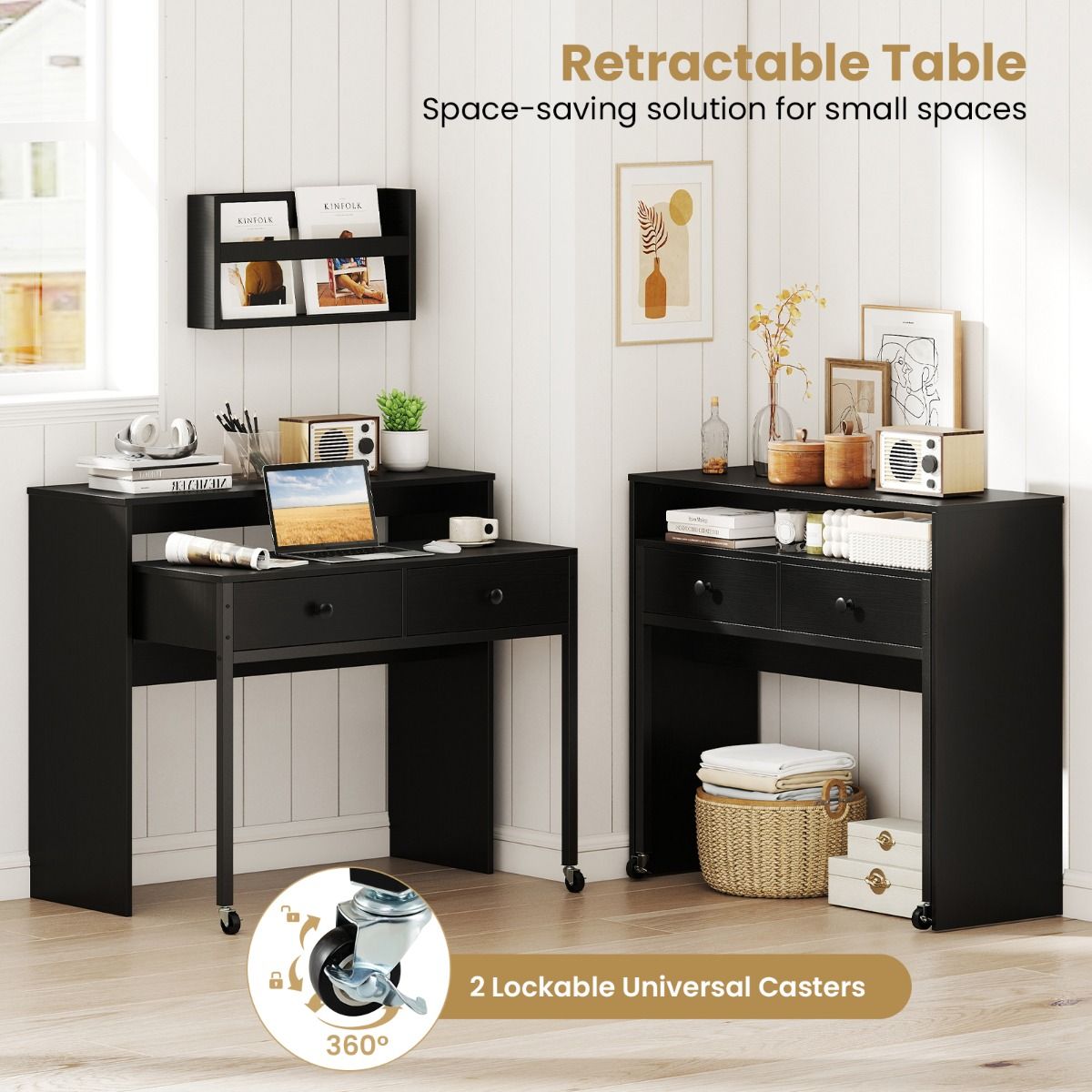 Coast Uitschuifbaar Bureau - met 2 lades - vergrendelbare wielen - zwart - 100 x 63 x 88 cm