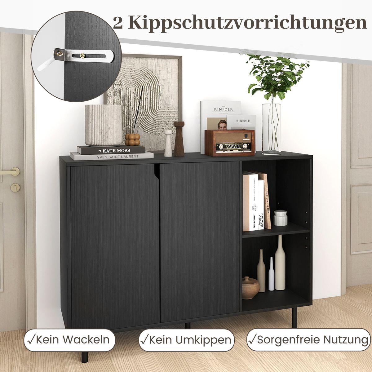 Coast Dressoir met 4 vakken en 2 deuren - verstelbare planken - zwart - 106 x 38 x 80 cm