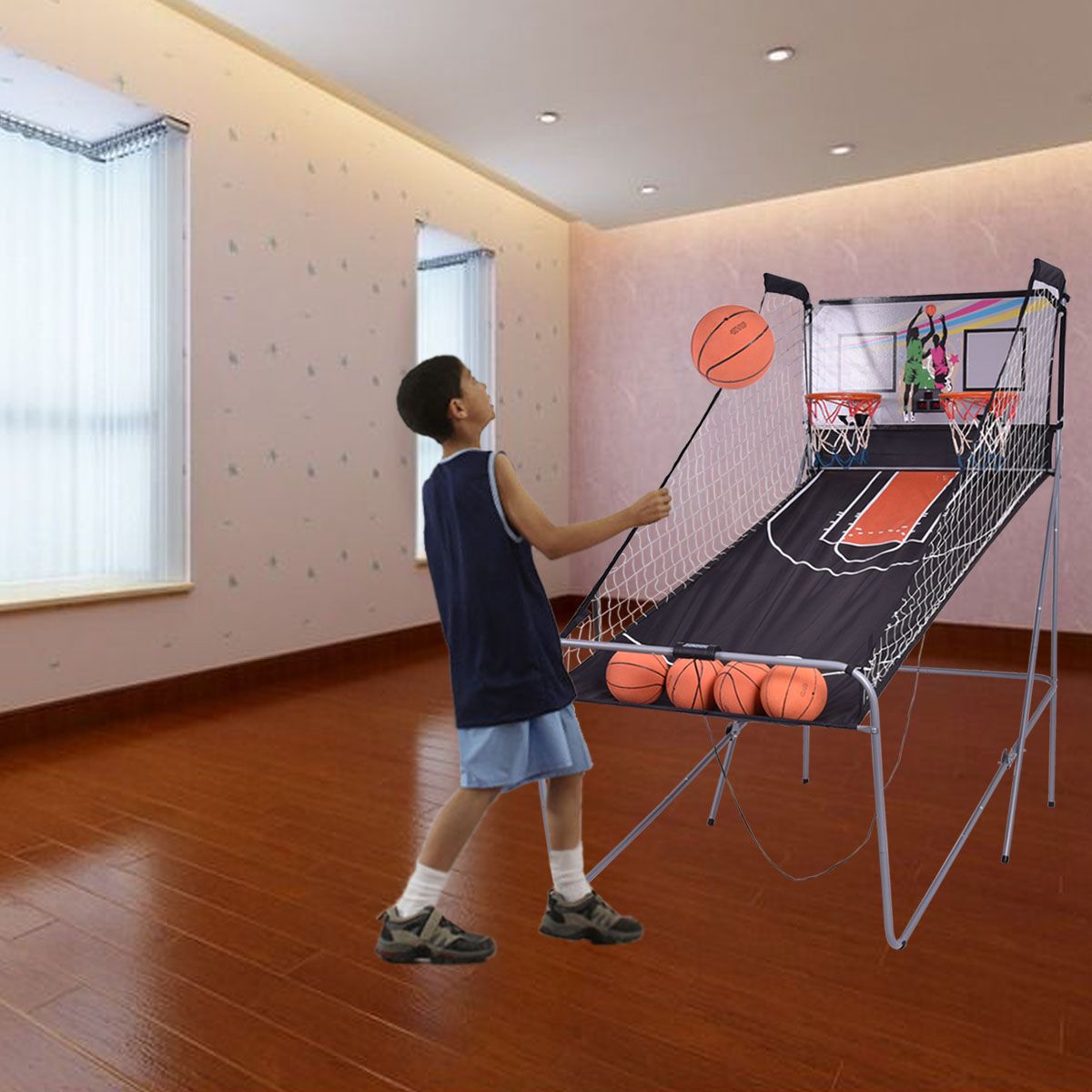 Coast Elektronisch Basketbal Schietspel - 203x110x206 - cm - Zwart – Dubbele Hoepel met Automatische Score en 4 Ballen