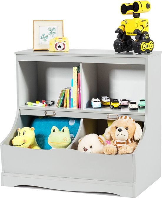 COSTWAY Kinderrek, speelgoedrek met 4 vakken, boekenrek voor kinderen, opbergrek, speelgoedorganizer voor kinderkamer en speelkamer, 67 x 40 x 62 cm, grijs