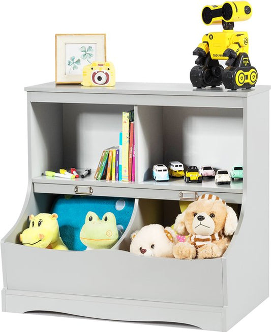 COSTWAY Kinderrek, speelgoedrek met 4 vakken, boekenrek voor kinderen, opbergrek, speelgoedorganizer voor kinderkamer en speelkamer, 67 x 40 x 62 cm, grijs