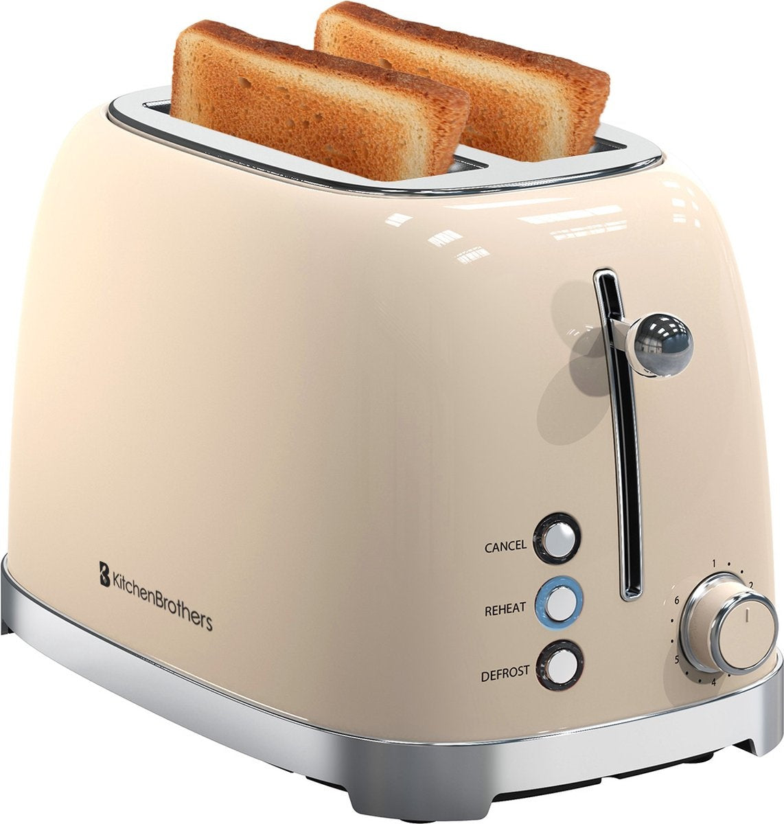 KitchenBrothers Retro Broodrooster - Toaster - 6 Warmteniveaus - 2 Extra Brede Sleuven - 815W - Beige