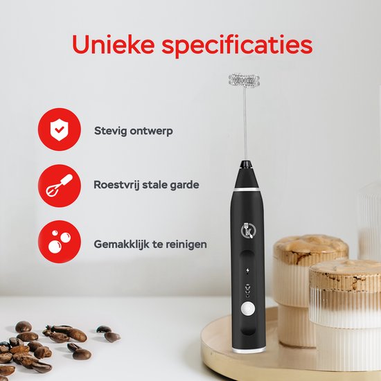 Kitchenwell Elektrische Melkopschuimer - Melkopschuimer handmatig - Melkopklopper - 3 snelheden - Zwart