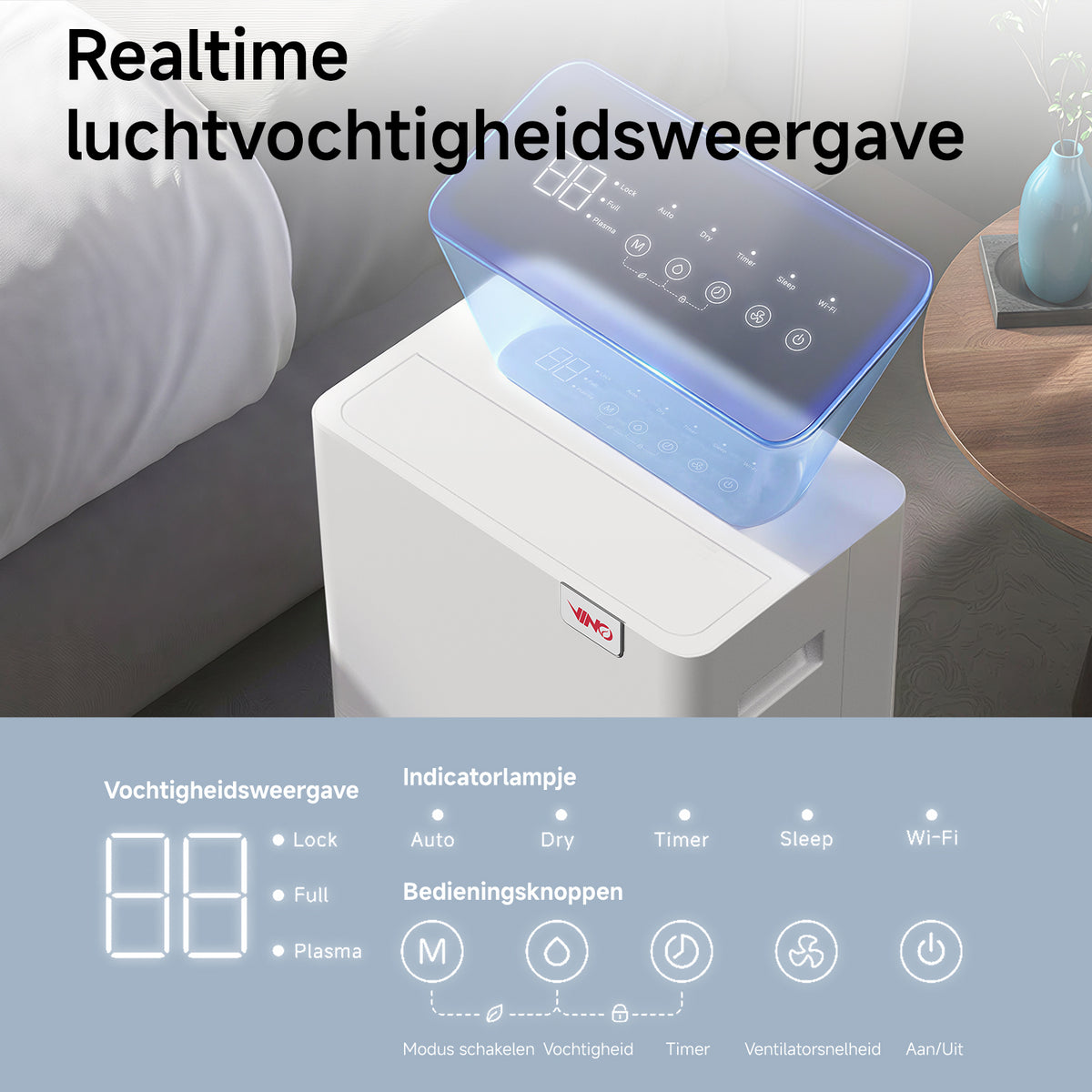 VINO slimme luchtontvochtiger 20 l/dag - wifi - 2,5 l reservoir - wit