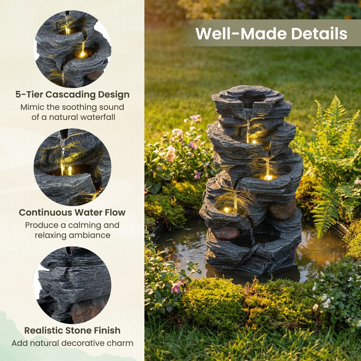 Coast tafelfontein - 5-laags waterval - LED-verlichting - zwart - 27 x 20,5 x 45,5 cm