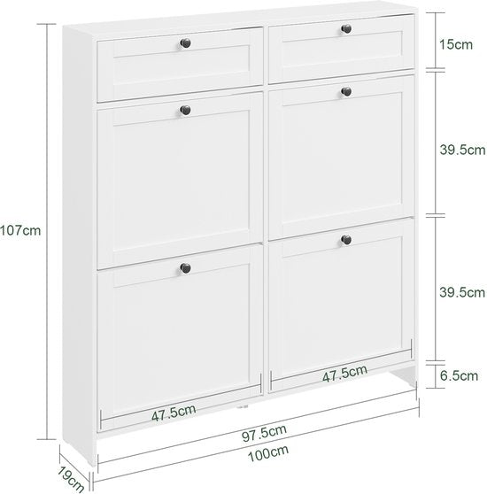 SoBuy Schoenenkast voor ingang, schoenenkast met 2 laden en 4 opklapbare deuren, praktische opslag voor 12 paar schoenen, wit, MDF E1, ideaal voor kleine ruimtes - FSR208-W