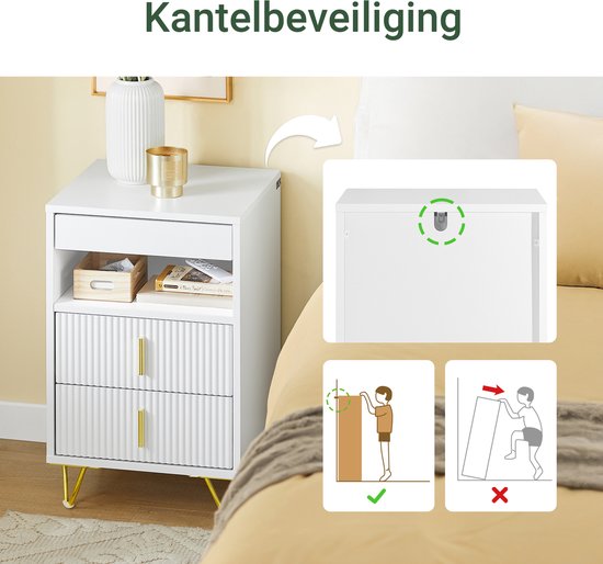SoBuy Nachtkastje, nachtkastje met 3 laden en plank, moderne bijzettafel voor slaapkamer en woonkamer, wit, 40 x 40 x 63 cm (b x d x h) FBT168-W