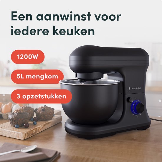 KitchenBrothers Keukenrobot - 5L - Mixer met Mengkom - 1200W - Matzwart