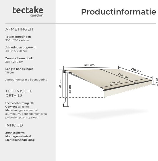 tectake® Zonnescherm met Knikarm - 300 x 250 cm - Zonneluifel - Zonwering voor Raam, Balkon, Buiten - Te Monteren aan Muur - Water- en UV-Bestendig - Beige