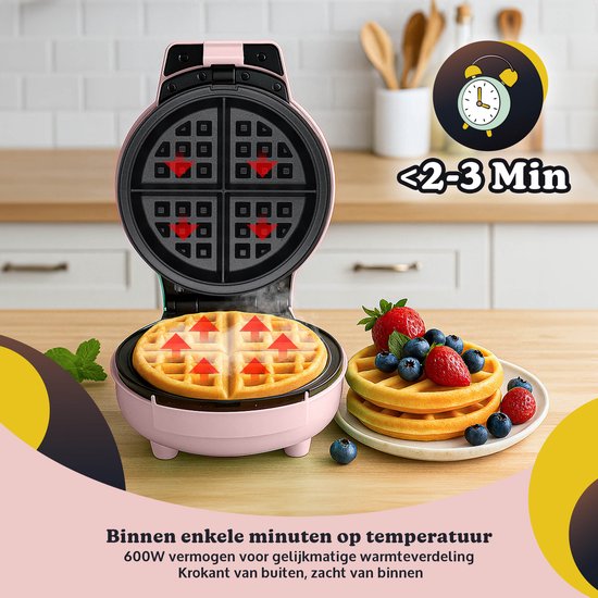 JAP Appliances Dough Joy Wafelijzer - Wafelmaker voor 1 Ronde Wafel - Anti-aanbaklaag - indicatielampje - Wafels van 16x16 cm - Roze