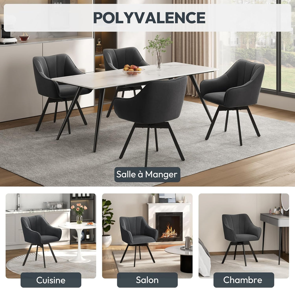 Draaibare Eetkamerstoelen Set van 2 met Armleuningen en Fluwelen Bekleding Donkergrijs