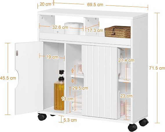 Yaheetech Badkamerkast 69,5 x 20 x 71,5 cm - Schuifdeuren - Wielen - Wit