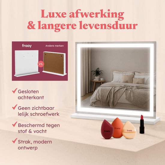 Fraay® Hollywood Spiegel met Verlichting 60x50cm - 3 Lichtstanden - Make Up Spiegel met 10x Vergrootspiegel - LED Strip Verlichting Dimbaar - Incl. 2 Beauty Blenders en Powder puff