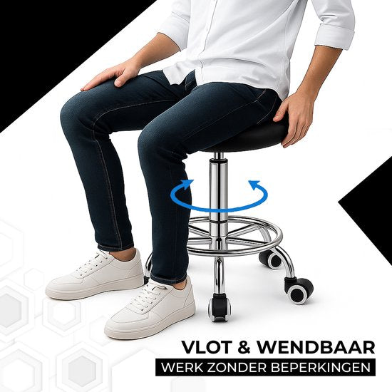 Bayt Zadelkruk - Zadelstoel Rond - Kapperskruk - Zadelkruk op wielen - Tabouret - In hoogte verstelbaar - Zwart