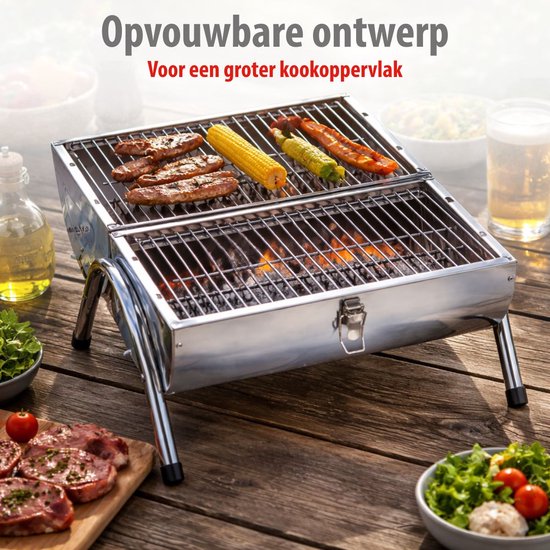 alpina Houtskool BBQ - Draagbare BBQ met Handgreep - Barbecue Camping met Ventilatie En Sluitclip - Houtskoolbarbecue Compact 38 x 30 x 19 cm - RVS