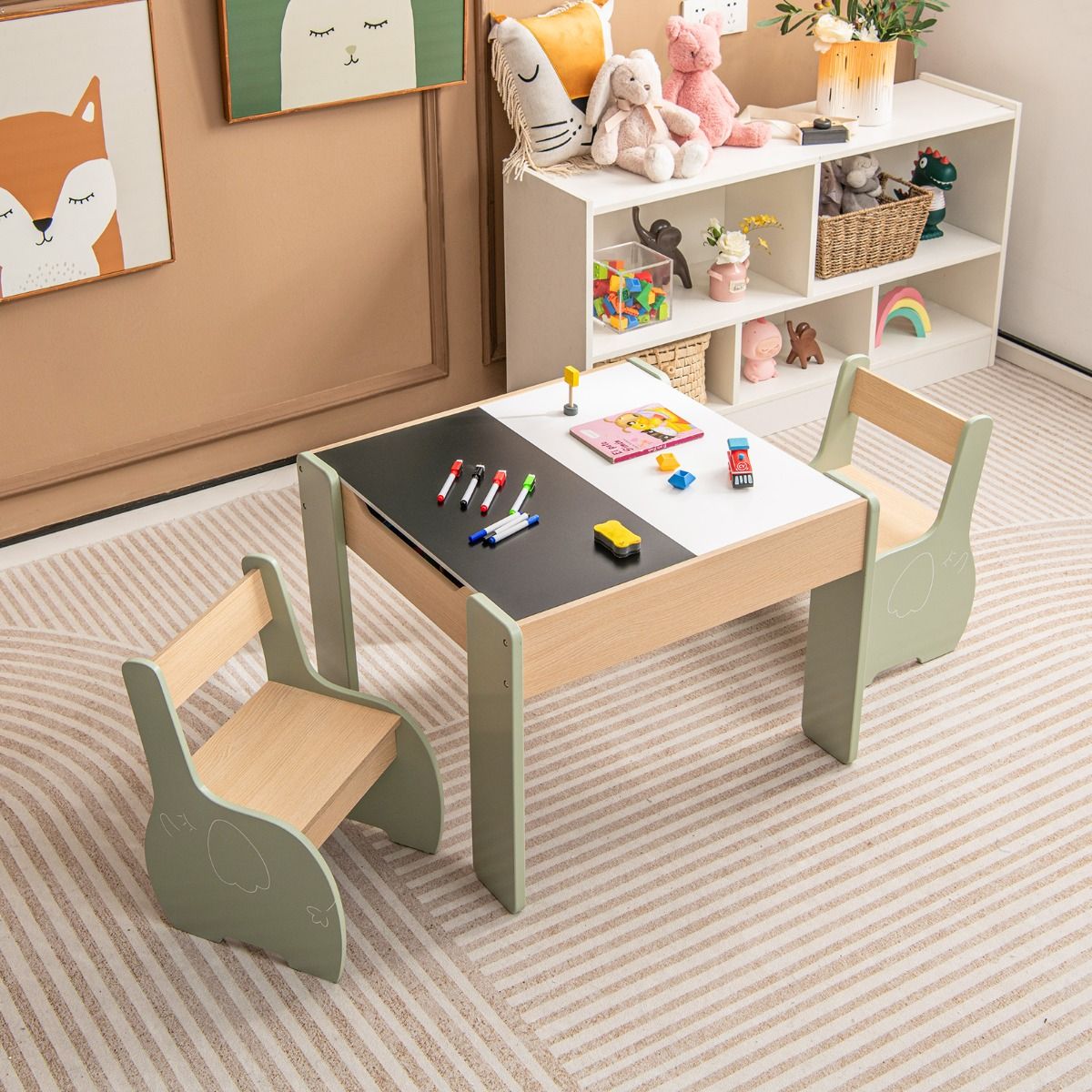 Coast 3-delige kinderzitgroep - 4-in-1 kindertafel met 2 stoelen en opbergruimte - groen