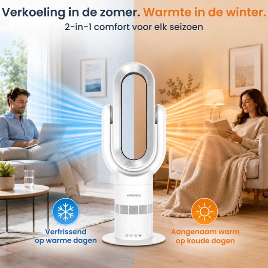 Aironex Swing Bladloze Ventilator met Verwarming – Ventilatorkachel – 2-in-1 Koelen & Verwarmen – 10 Standen – 71° Oscillatie – Afstandsbediening – Wit