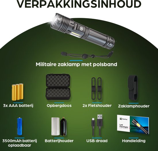 Exortus® Oplaadbare LED Zaklamp - 5000 Lumen - Duurzaam en Waterdicht - 26650 Batterij - COB Verlichting - Opbergdoos - Holster