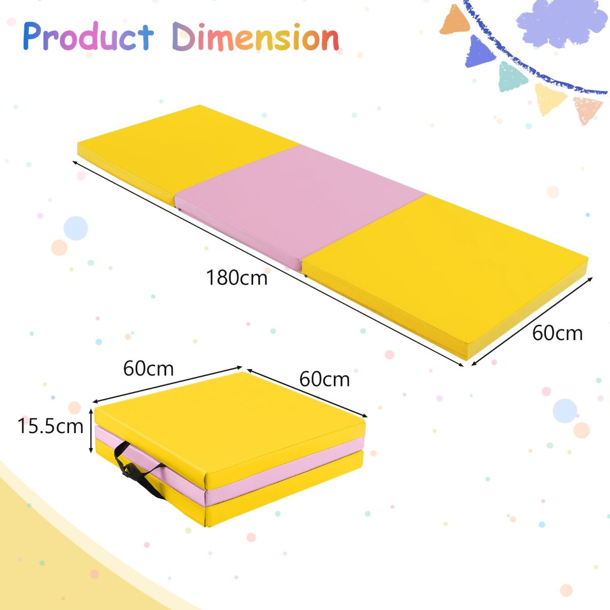 Coast Gymnastiekmat - 3-Laags - Opvouwbaar - Antislip - 180 x 60 x 5 cm - Geel met Roze