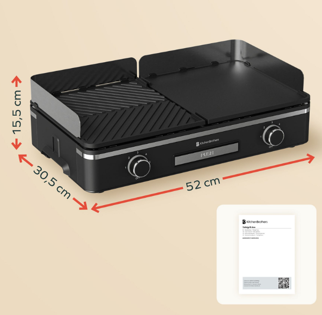 KitchenBrothers Elektrische Grillplaat KB4204 - 2400W - 2 Zones - Geribbeld & Vlak - Zwart - 50x30 cm