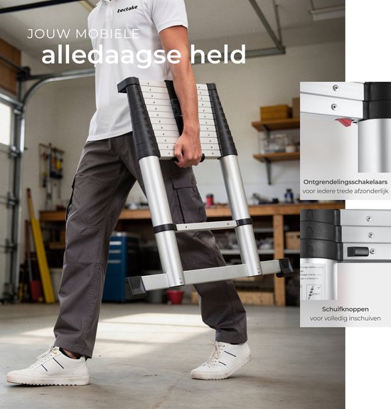 tectake® Telescoopladder met 13 Sporten - Vouwladder - 3,85 Meter - Soft Close - Anti Slip - Uitschuifbare Telescopische Ladder - Trapladder - Lichtgewicht Aluminium Trap - Betrouwbare Vergrendeling