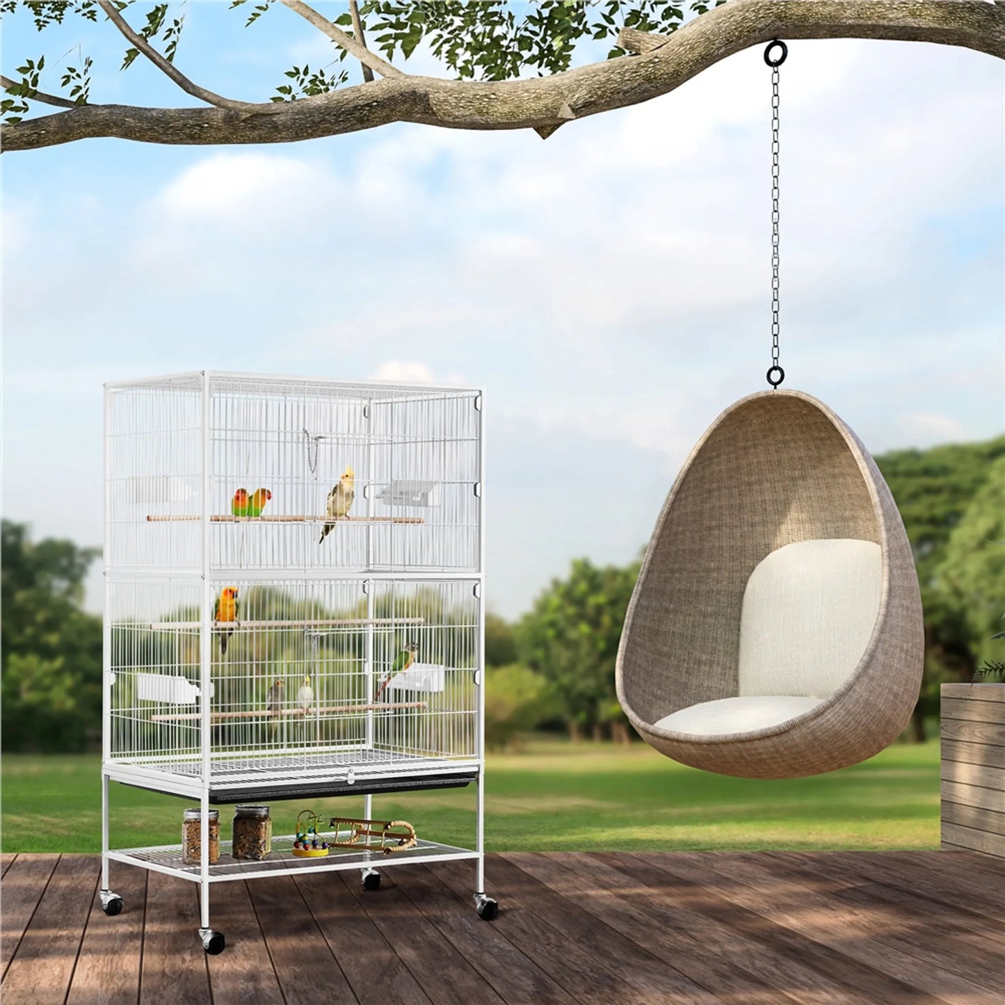 Yaheetech XXL Vogelkooi Met 360° Draaibare Wielen – Voorzien Van Onderste Opbergplank En Drie Zitstokken En Beveiligd Slot – Voor Papegaaien En Kaketoes – Wit Metaal – 79 x 52 x 132 cm