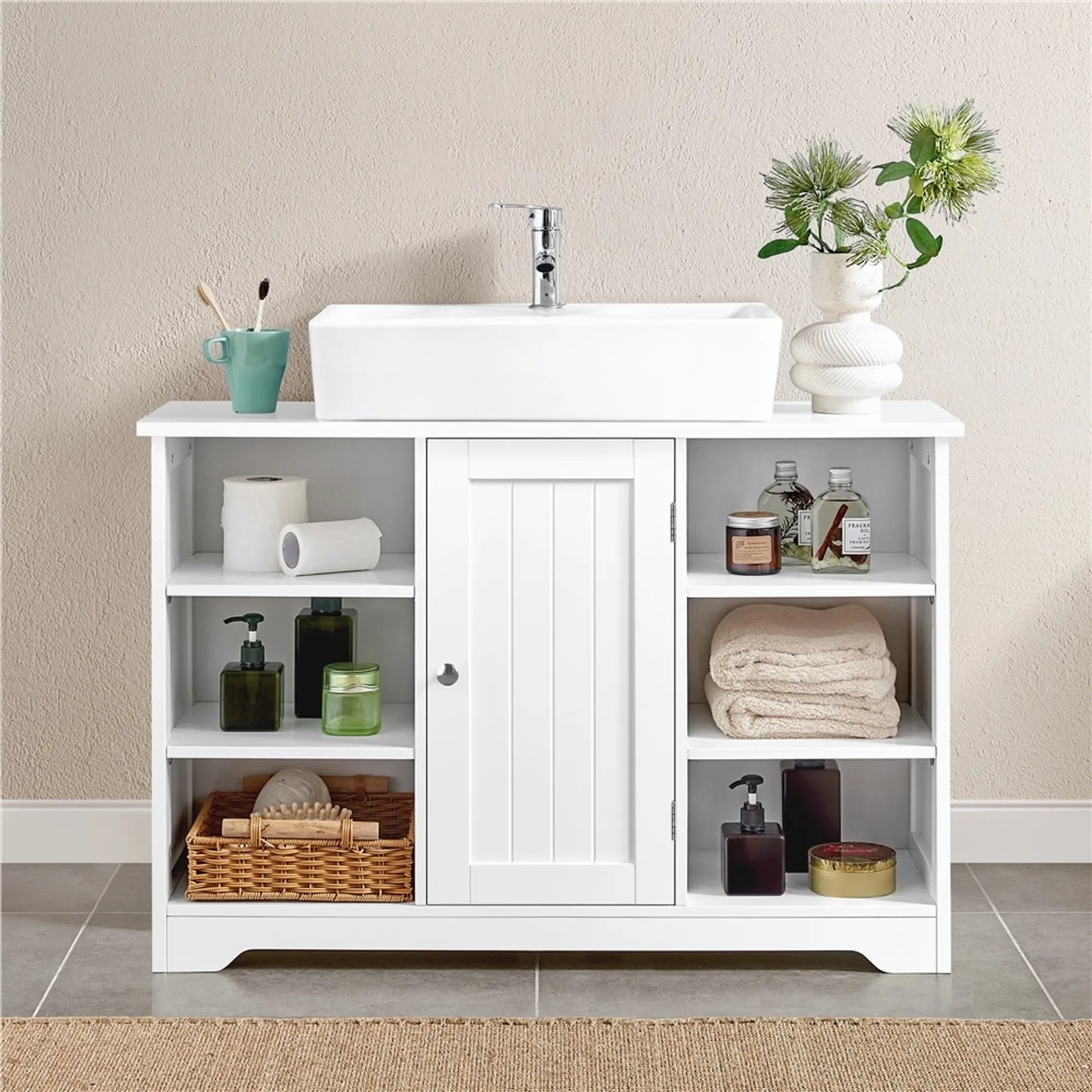 Yaheetech Wastafelmeubel Met Verstelbare Planken – Voorzien Van Sifon-Uitsparing En Open Zijvakken En Kastdeur – Voor Badkamer En Toilet – Wit Mdf – 90 x 30 x 60 cm