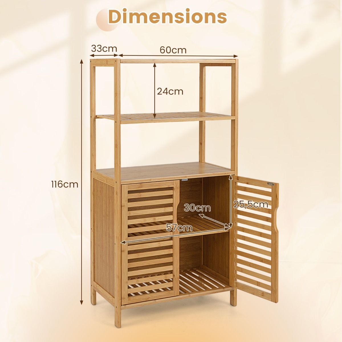 Coast Bamboe Boekenkast met Deuren – 4-Laags Opbergkast met Lamellendeuren – 60 x 33 x 116 cm – Naturel