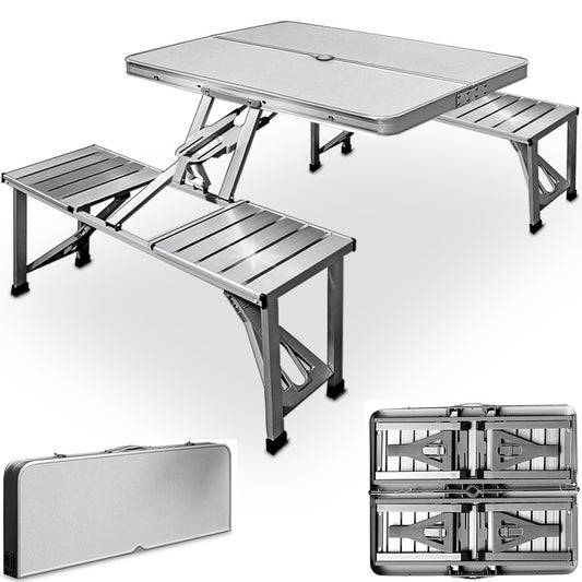 Picknick tafel Campingtafel - Blad van hout en zitting aluminium - voor 4 personen - Wit - 85,5 x 67,5 x 66cm