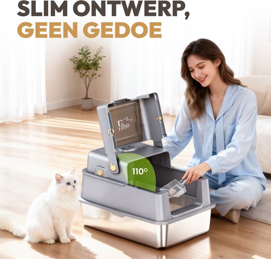 Petsy® - Premium Kattenbak RVS Pro - XXL - Incl. Geurneutralisator - Incl. Kattenbakschep, Grit Opvanger & Uitloopmat - Voor Grote & Kleine Katten - 37L Inhoud Groot -