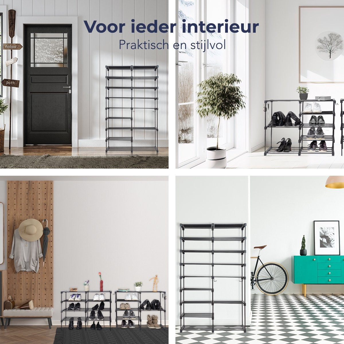 LifeGoods Schoenenrek - 9 Laags - Inclusief Haakjes - Schoenenkast - Opbergsysteem 32 Paar schoenen - Metaal - Zwart