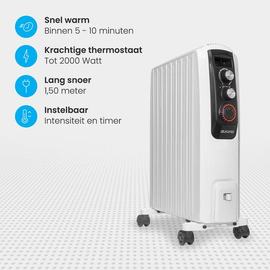 Auronic Olieradiator met Thermostaat - 2000W Heater - Elektrische kachel - Timer - 3 Standen - Wit